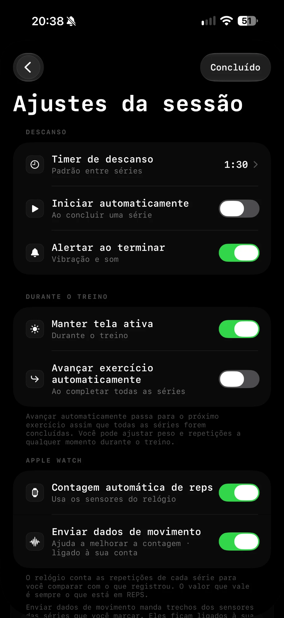 Ajustes da sessão com timer de descanso, tela ativa e contagem automática de reps no Apple Watch