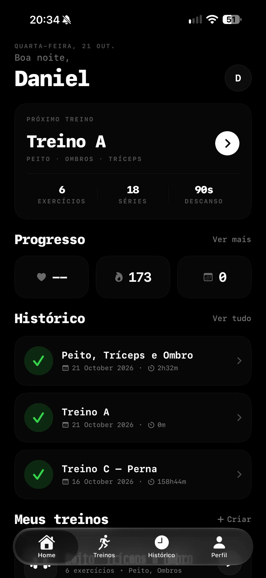 Tela inicial do Fitter mostrando próximo treino, progresso e histórico