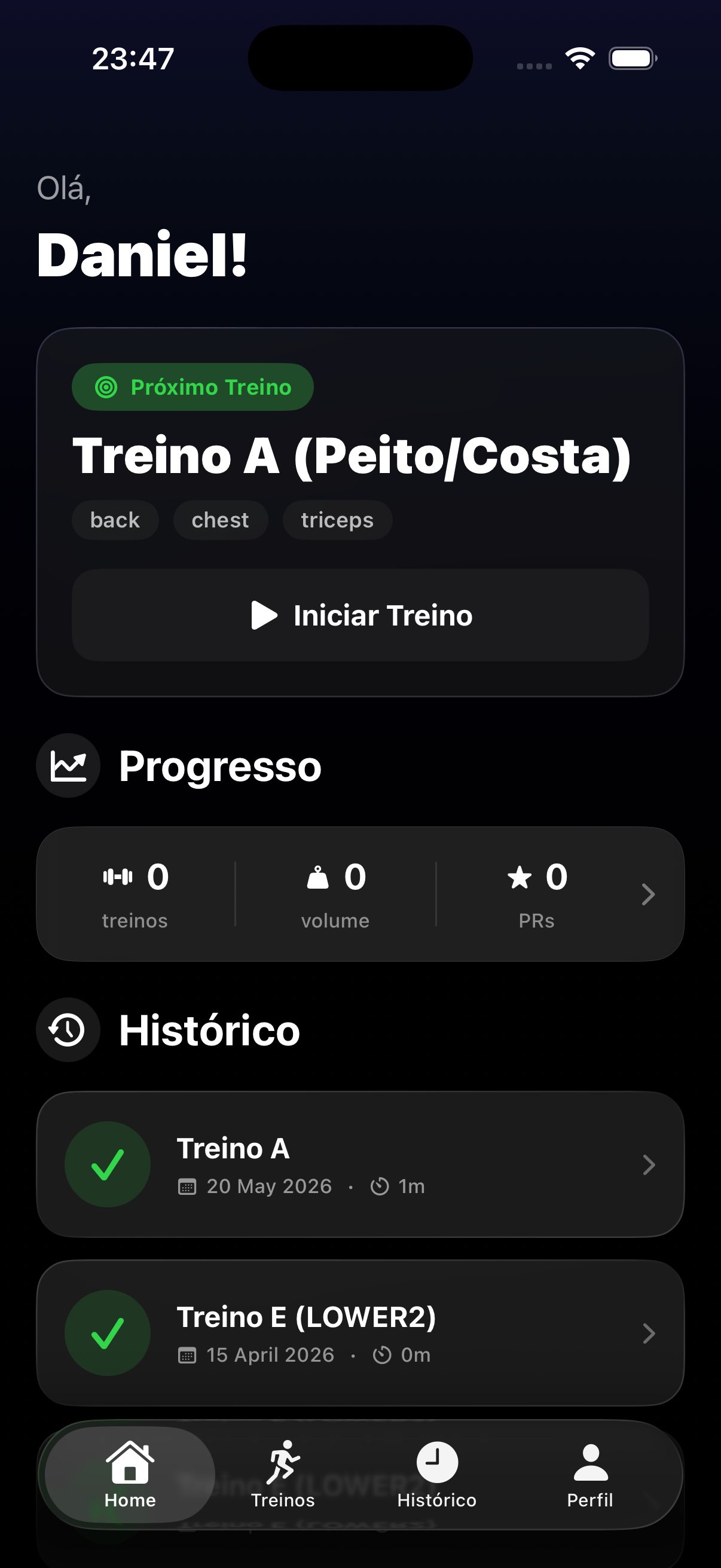 Tela inicial do Fitter mostrando próximo treino e progresso