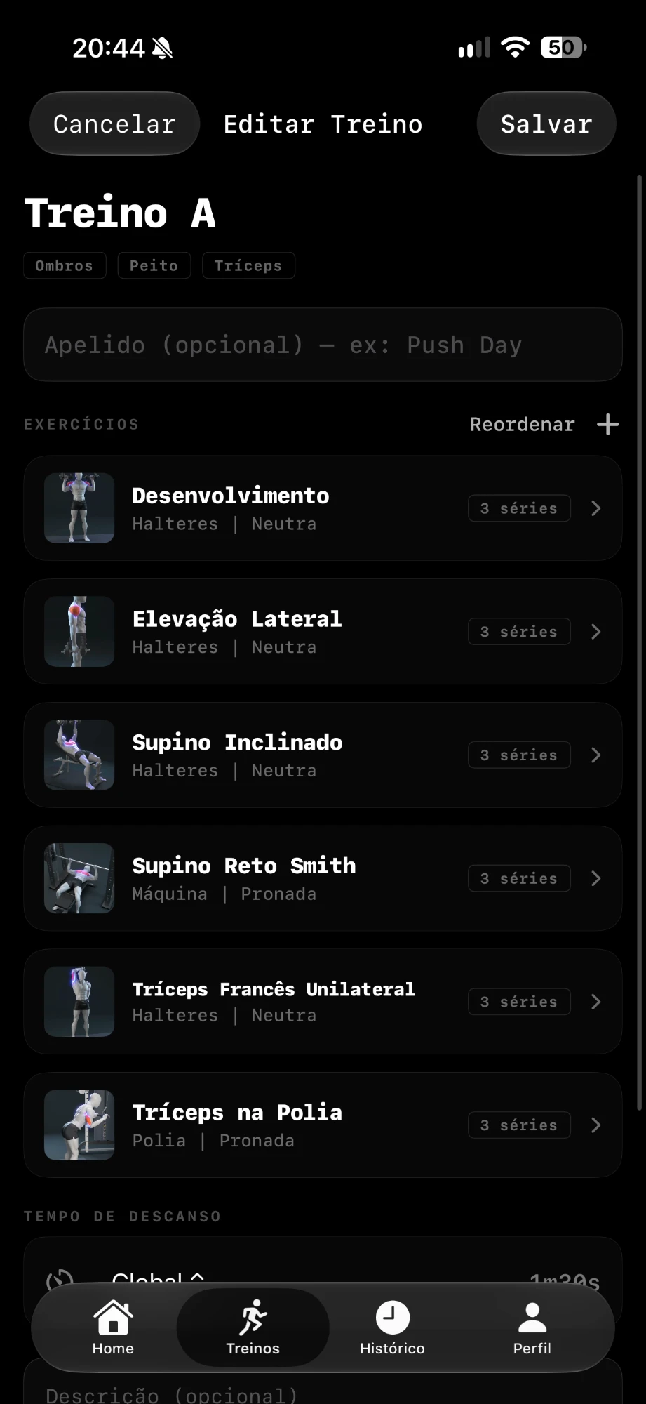 Edição de treino com lista de exercícios, séries e tempo de descanso