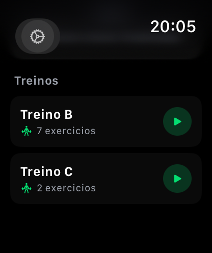 Tela do Fitter no Apple Watch mostrando lista de treinos